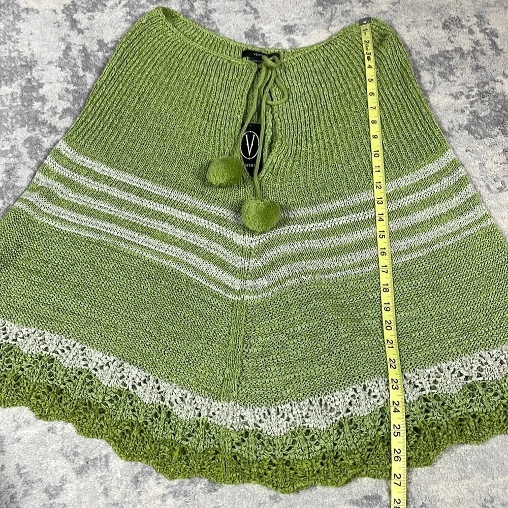 NWT Vertigo Olive Green Combo Knit Poncho Cape and Fuzzy Pom Poms Sz S